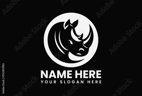 Black vector rhinoceros logo with prominent horn silhouette representing conservation strength and endangered species protection