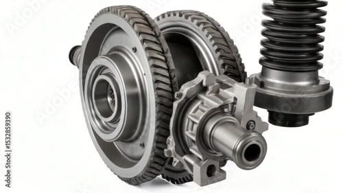 Detailed View of Car Suspension Parts in Sequence on a White Background