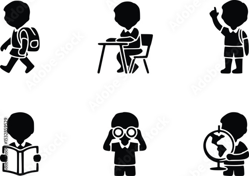 Cute School Children Silhouettes Studying Reading and Exploring Globe Backpacks Education Icons
