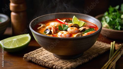 Classic spicy and sour Tom Yum soup with juicy shrimp, fresh herbs, and aromatic spices served in a cozy setting with warm lighting.