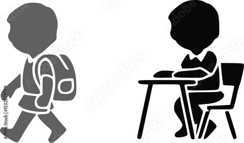 A student walks to school with a backpack then sits at a desk ready to learn education school child kid icon, silhouette