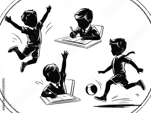 Schoolboy Silhouettes Studying Reading Walking Backpack Classroom Education