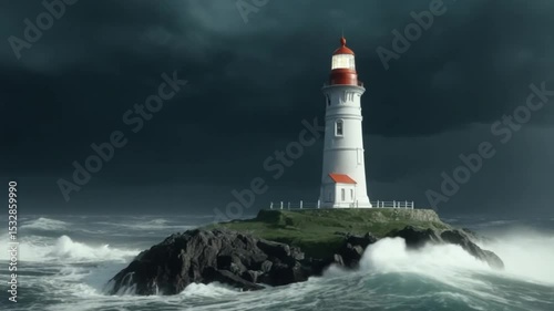 Lighthouse on a Rocky Island Amidst a Stormy Ocean, Dramatic Coastal Scene
