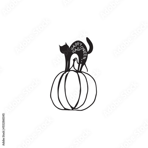 Halloween pumpkin with a black cat and lettering  vector illustration