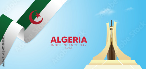 Algeria Independence Day 5 July landmark with flag ribbon vector poster