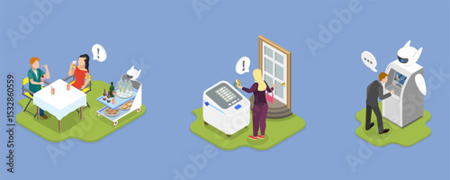 3D Isometric Flat Vector Illustration of Electric Servant Services, Humanoid Machine