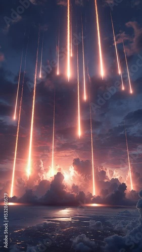 Spectacular Meteor Shower Over the Ocean at Sunset: A Dramatic and Surreal Sky Landscape with Falling Stars and Glowing Clouds