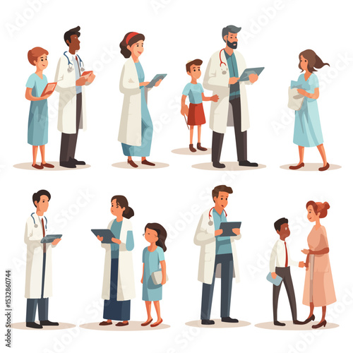 Professional Vector Illustration of a Doctor Interacting with Diverse Group of People in Medical Setting