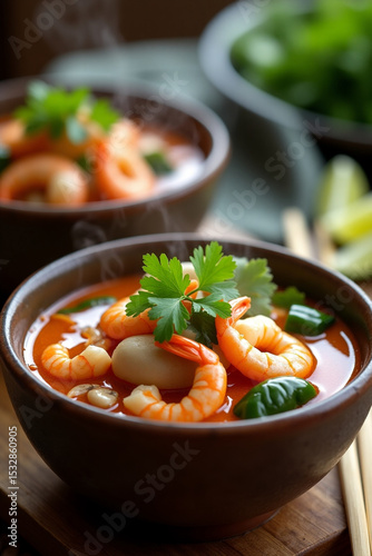 Spicy Thai Tom Yum soup with shrimp and herbs in a bowl on a cozy kitchen table with natural soft lighting.