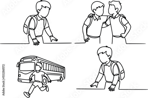 Back to School Line Art Illustration Featuring Students Walking Bus and Friendship, silhouette