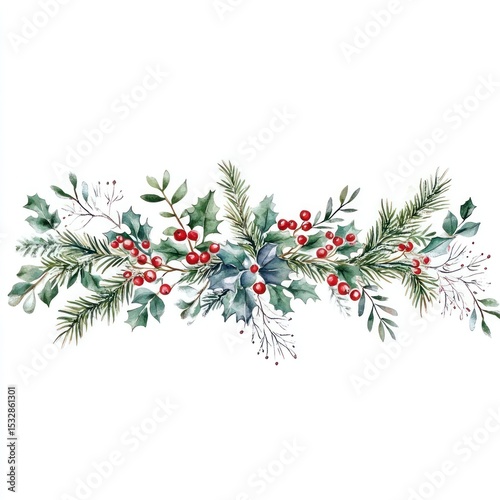 Festive watercolor sprig with holly, berries, and fir branches for a holiday design