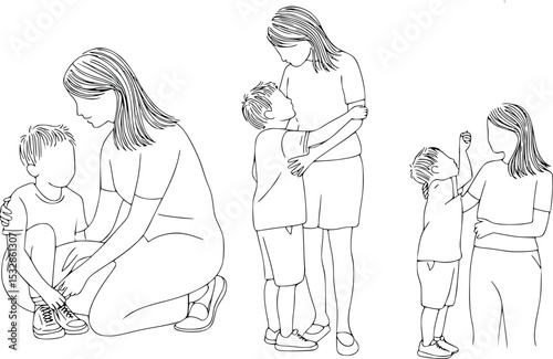 Caring Mothers and Their Children Illustrated Sketch Showing Tender Moments of Connection and Family Love, silhouette