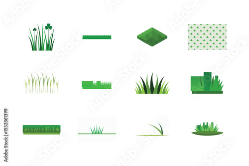 Stylized Grass Vector Set with Decorative Lawn and Botanical Icons