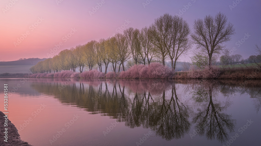 Fototapeta premium Tranquil Spring Dawn Serene Reflection of Trees and Blossoms on Calm Water