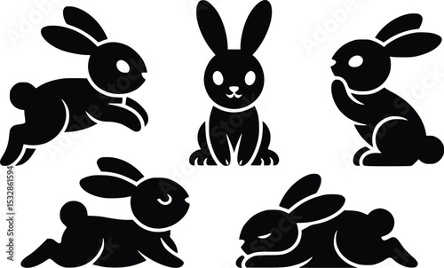 Five Silhouettes of Bunnies in Various Poses A charming collection of rabbit silhouettes ideal for Easter designs website icons or children's books