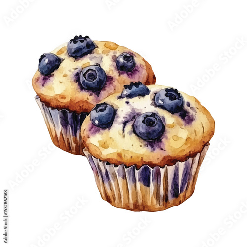Watercolor illustration of two delicious blueberry muffins on a transparent background