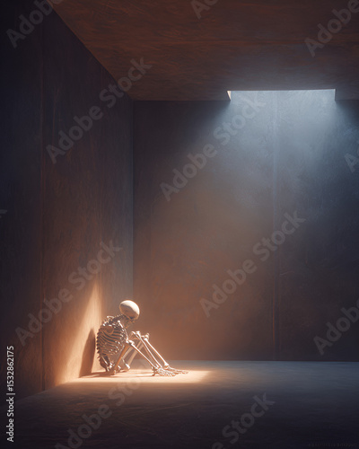 Skeleton in a padded room representing isolation and mental torment