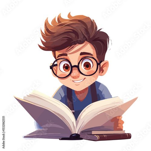 Smart student boy reading book character vector illustration for educational projects