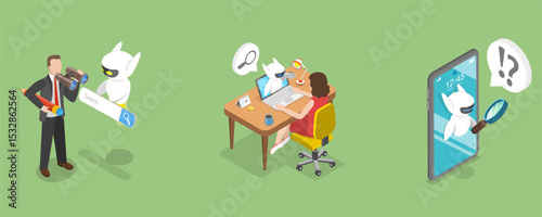 3D Isometric Flat Vector Illustration of AI Search, Artificial Intelligence Robot Answer Questions