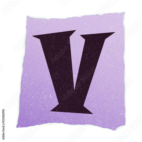 Flat design letter V is being shown on torn textured purple paper square, transparent background