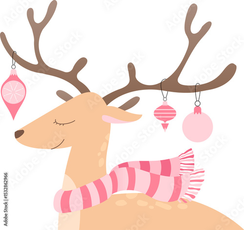 Cartoon-style reindeer head is wearing pink scarf with hanging ornaments, transparent background