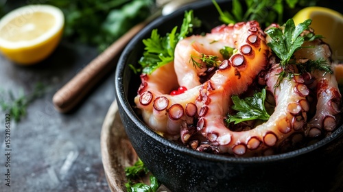 Octopus salad seafood gourmet plate lemon herbs elegant cuisine dish meal delicious lunch restaurant