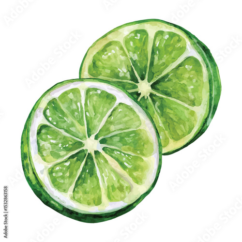 Watercolor illustration of two fresh lime slices on transparent background png