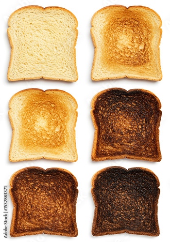 Toasted bread slices at different levels of doneness