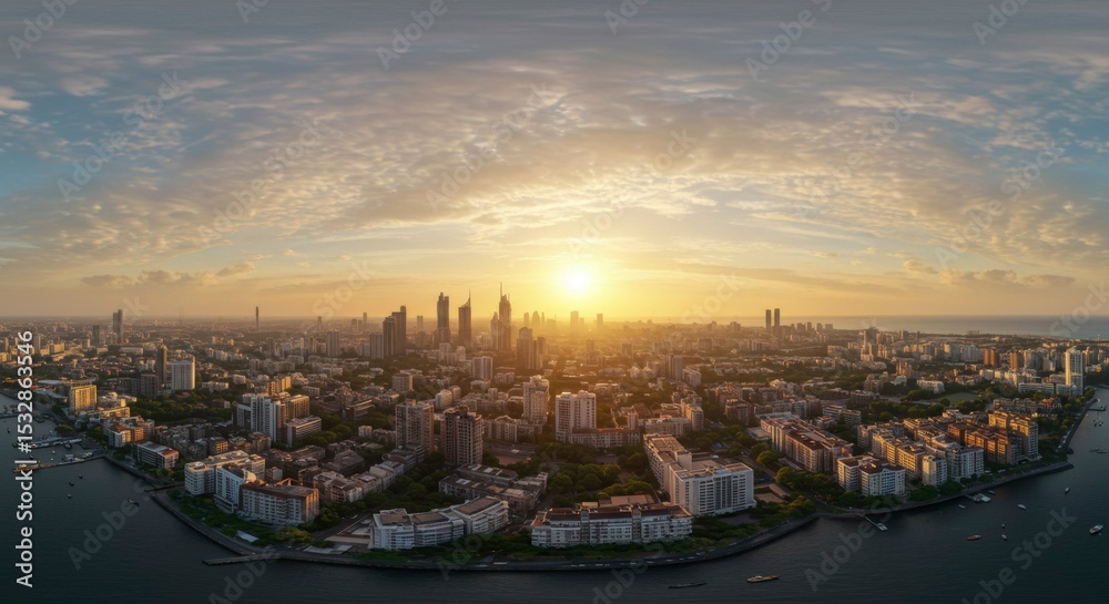 Fototapeta premium Panoramic city view at sunrise over the water