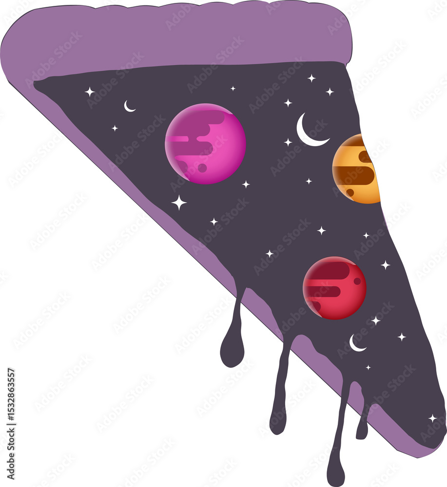 Naklejka premium Cosmic pizza slice is floating on transparent background showing purple crust, sauce, space motifs
