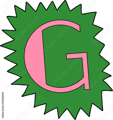 Stylized uppercase letter G is being shown on green spiky burst shape, transparent background