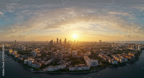 Panoramic city view at sunrise over the water