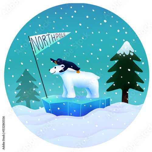 Flat polar bear is carrying penguin on iceberg under North-Pole flag on transparent background