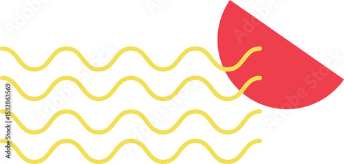 Flat abstract half sun is showing red semicircle, five yellow wavy lines on transparent background