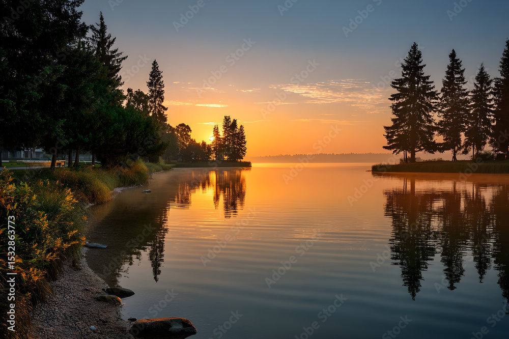 Obraz premium Serene sunrise over calm lake with tree reflections