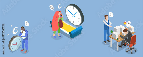 3D Isometric Flat Vector Illustration of Sleep Problems, Stress Management
