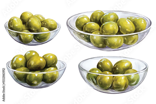 Bowls of green olives watercolor illustration in transparent background vector image