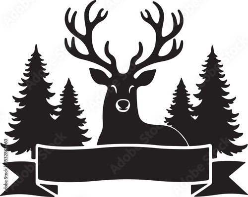 Majestic Deer Emblem in Serene Forest Symmetrical Black & White Silhouette Design