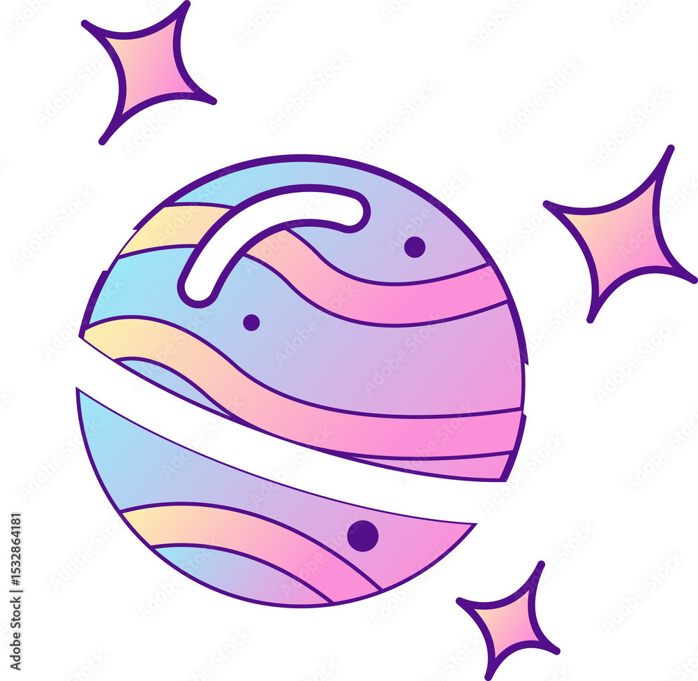 Fototapeta premium Stylized planet is orbiting with rings in vector, pastel gradients, stars on transparent background