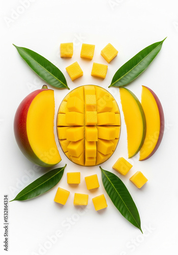 A set of isolated mango cubes and mango slices on a white background.

