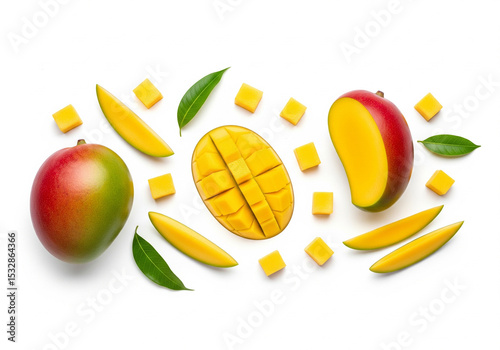 A set of isolated mango cubes and mango slices on a white background.

