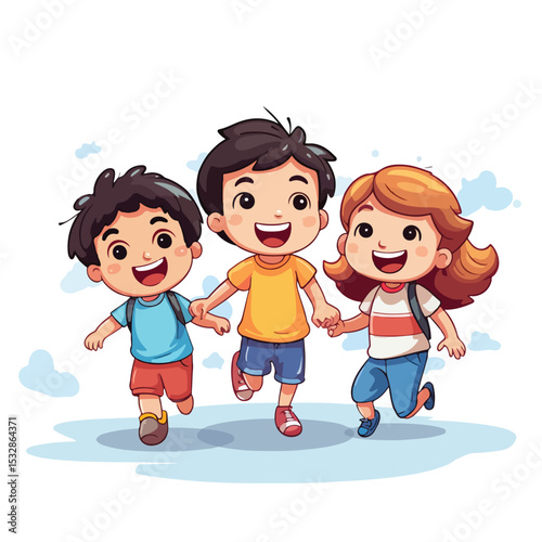Joyful children having fun and enjoying playtime with their friends in a cartoon illustration