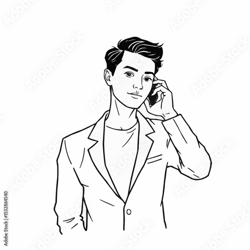 A young man is talking on a mobile phone.
 on a white background.
