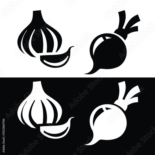 Garlic and beetroot vegetable icons black and white