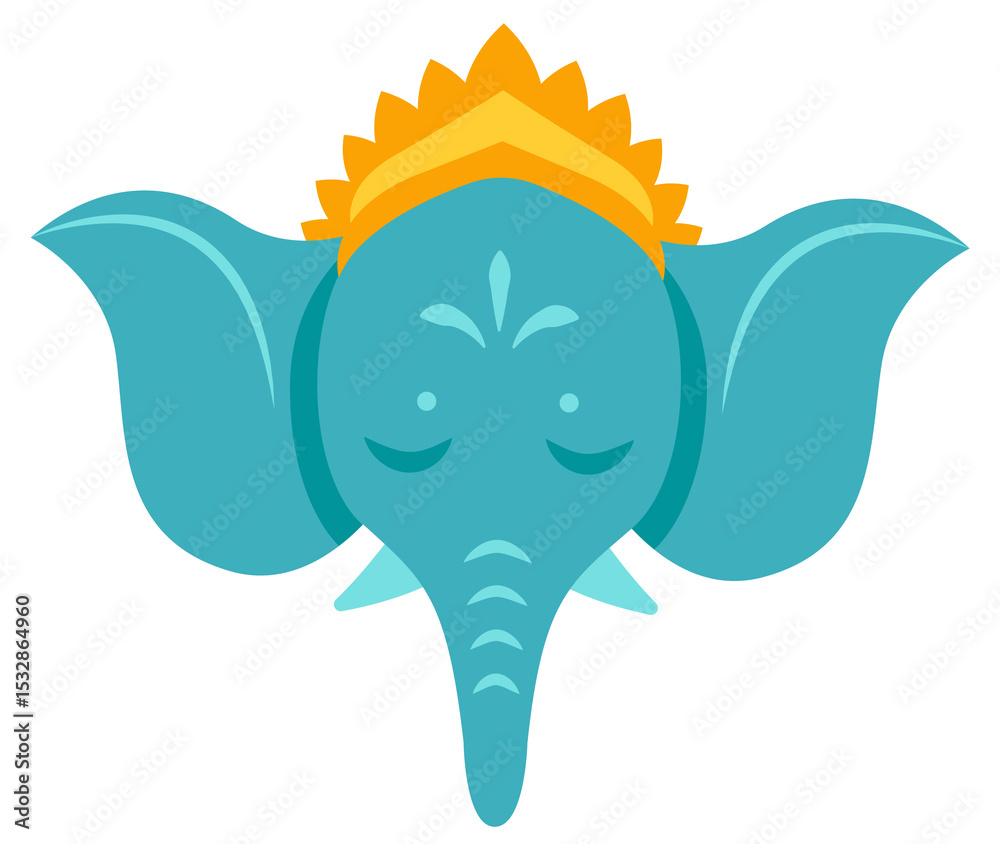 Naklejka premium Turquoise elephant head showing flat vector design with crown motif, transparent background