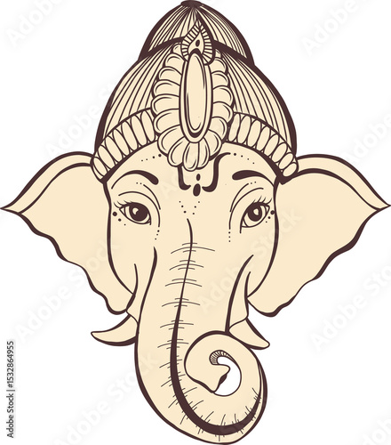 Stylized line-art elephant head is showing curling trunk and ornate crown on transparent background
