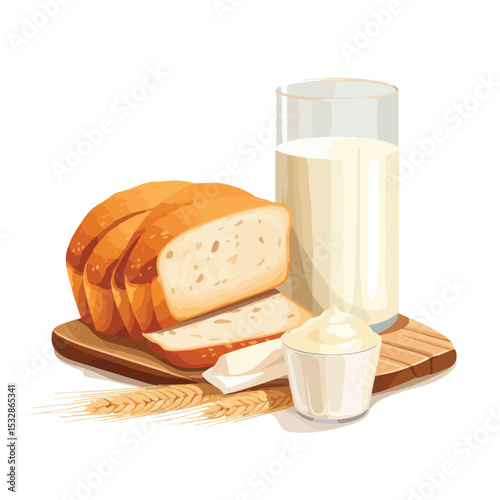 Professional Vector Design of Isolated Bread and Milk Ingredients for Food Industry