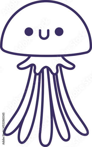 Cartoon jellyfish with purple outline is floating in line art, transparent background, copy space