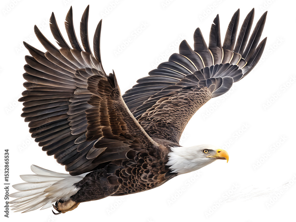 Obraz premium A bald eagle soaring through the air with its wings spread wide against a white plain background