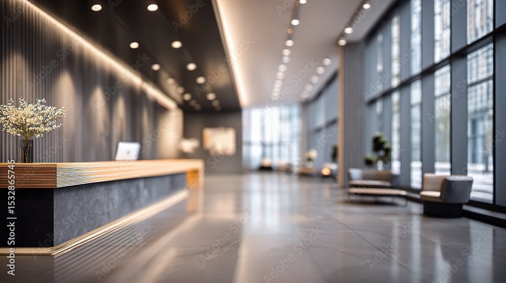 Fototapeta premium Minimalist Office Lobby with Softly Blurred Modern Desk and Decor
